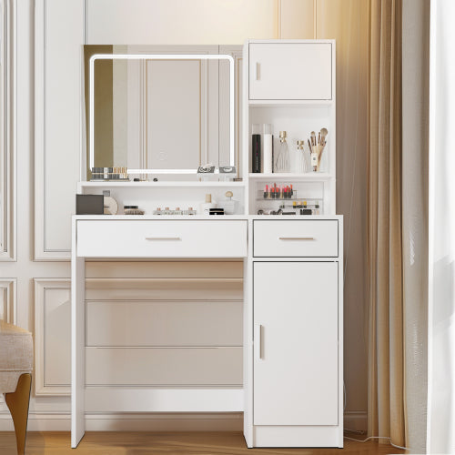 Vanity Desk with Mirror and LED Light Strip,Dressing Table with Large Drawer, 3 Level Storage Dresser & 3 Lighting Modes Adjustable Brightness, Suitable for Bedroom(white)