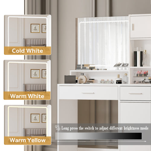 Vanity Desk with Mirror and LED Light Strip,Dressing Table with Large Drawer, 3 Level Storage Dresser & 3 Lighting Modes Adjustable Brightness, Suitable for Bedroom(white)