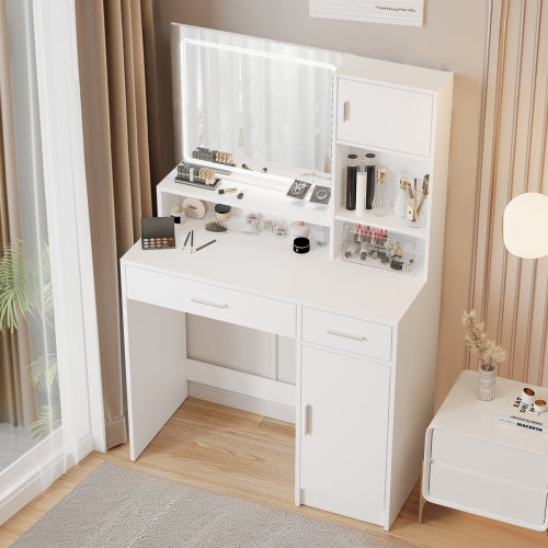 Vanity Desk with Mirror and LED Light Strip,Dressing Table with Large Drawer, 3 Level Storage Dresser & 3 Lighting Modes Adjustable Brightness, Suitable for Bedroom(white)