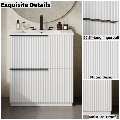 30" Bathroom Vanity with Ceramic Sink and Full-Extension Drawers, Freestanding Bathroom Vanity with Soft Close Drawer Slides, Fluted Design, White
