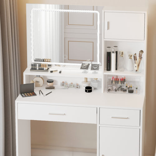 Vanity Desk with Mirror and LED Light Strip,Dressing Table with Large Drawer, 3 Level Storage Dresser & 3 Lighting Modes Adjustable Brightness, Suitable for Bedroom(white)