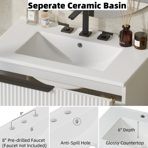 30" Bathroom Vanity with Ceramic Sink and Full-Extension Drawers, Freestanding Bathroom Vanity with Soft Close Drawer Slides, Fluted Design, White
