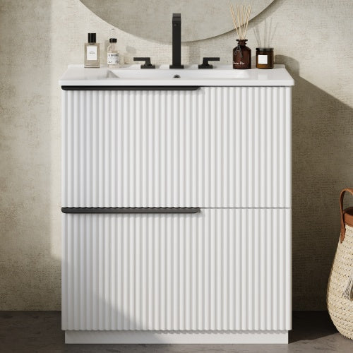 30" Bathroom Vanity with Ceramic Sink and Full-Extension Drawers, Freestanding Bathroom Vanity with Soft Close Drawer Slides, Fluted Design, White