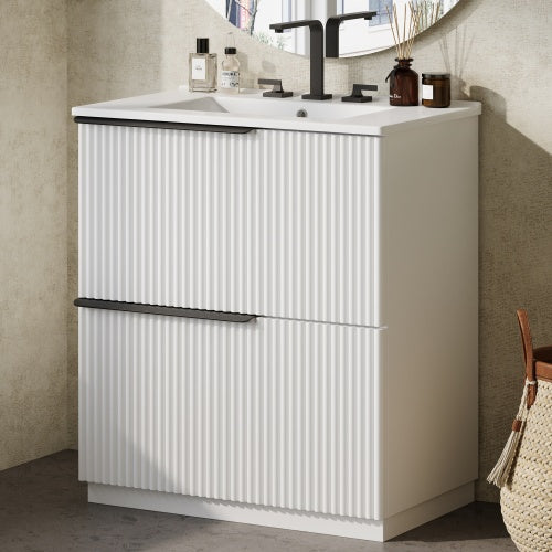 30" Bathroom Vanity with Ceramic Sink and Full-Extension Drawers, Freestanding Bathroom Vanity with Soft Close Drawer Slides, Fluted Design, White