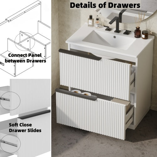 30" Bathroom Vanity with Ceramic Sink and Full-Extension Drawers, Freestanding Bathroom Vanity with Soft Close Drawer Slides, Fluted Design, White